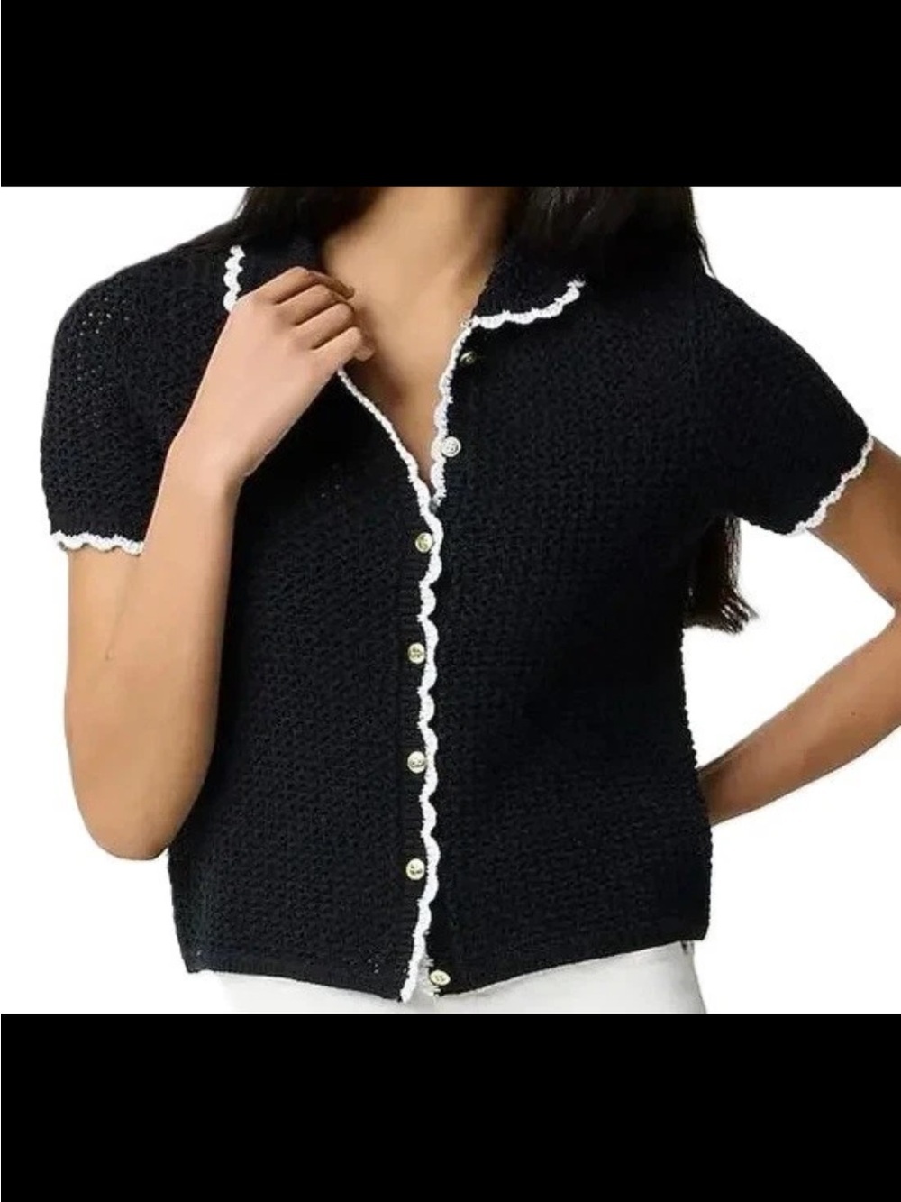 J.Crew Factory Short Sleeve Crochet Gold Button Cardigan Sweater Black XL - Picture 1 of 10